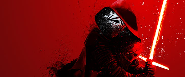 Kylo Ren, ultra-wide, red background, lightsaber, Star Wars: The Force Awakens