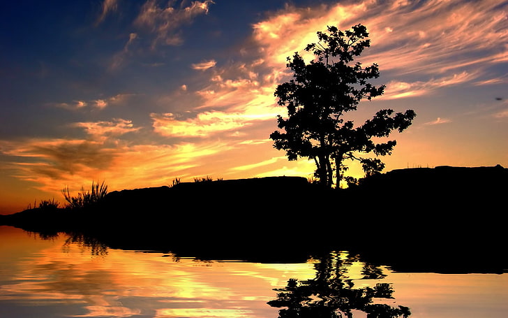 sunset, nature, water, reflection, sky, sunlight, silhouette, HD wallpaper
