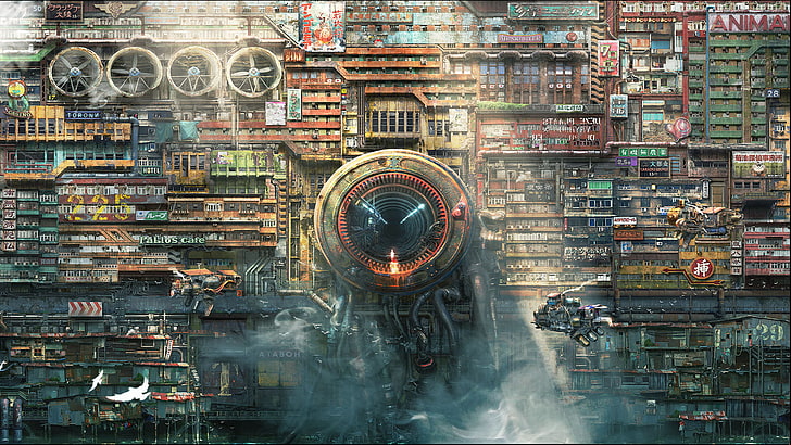 Toshio Hatanaka, metropolis, science fiction, architecture, HD wallpaper