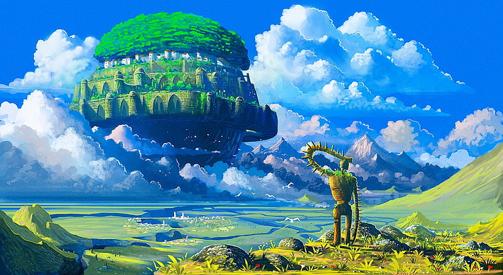 floating island, anime, Castle in the Sky, Studio Ghibli, robot