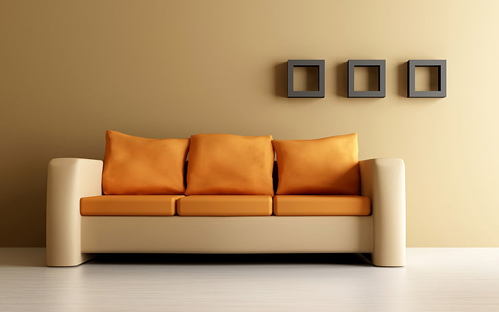 brown and beige 3-seat sofa, shelves, walls, design, domestic Room