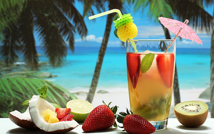 two strawberries and one sliced kiwi fruit, cocktails, drink, HD wallpaper