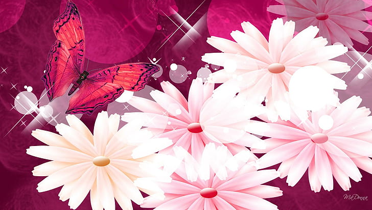 Brightness Of Pinks, firefox persona, butterfly, flowers, sparkles, HD wallpaper