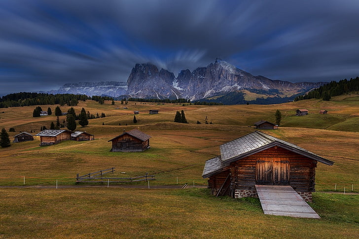 brown wooden house, nature, landscape, cabin, mountains, Dolomites (mountains), HD wallpaper