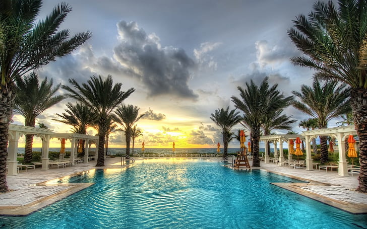 Palm trees, swimming pool, resort, sunset, clouds, sea