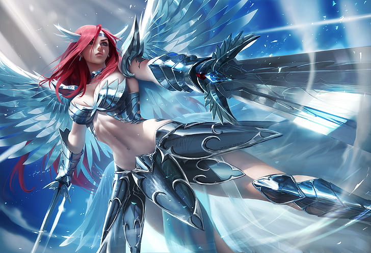 weapon, wings, sword, long hair, Fairy Tail, armor, red heels, HD wallpaper