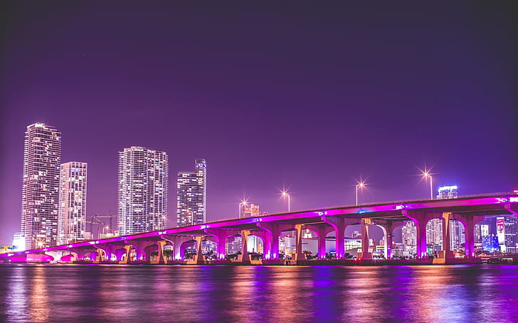 purple, bridge, night, usa, skyscrapers, miami, cityscape, photography, usa cities, concrete bridge wallpaper, HD wallpaper