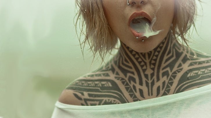 women's white sheer off-shoulder top, tattoo, smoking, Pierced Lips