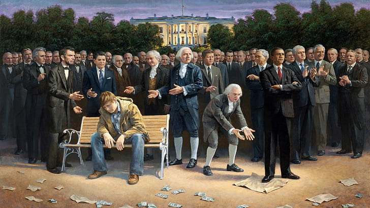 Us Presidents, man in zip up hoodie sitting on brown wooden bench in front of people in suit painting