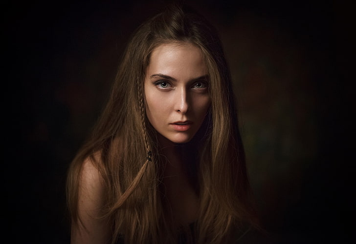 Amina Katinova, women, face, portrait, simple background, Maxim Maximov