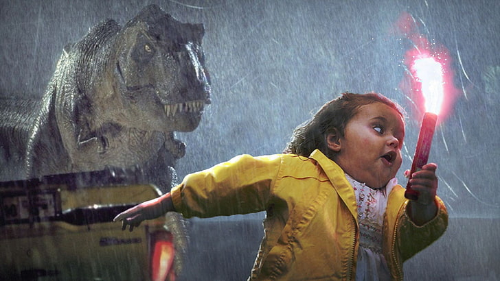 girl's yellow raincoat, untitled, humor, memes, dark humor, Jurassic Park HD wallpaper