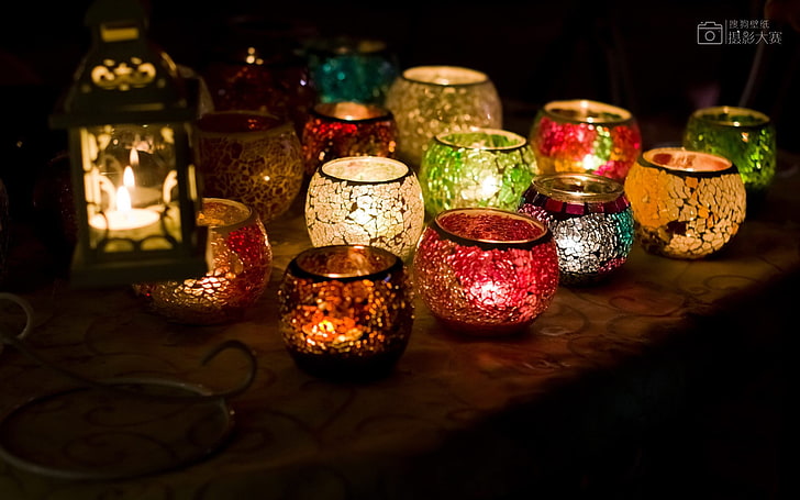 mosaic vase lot, candles, lights, lantern, no people, choice