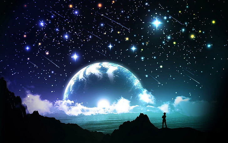Bright night sky, meteor shower animation, fantasy, 1920x1200, HD wallpaper