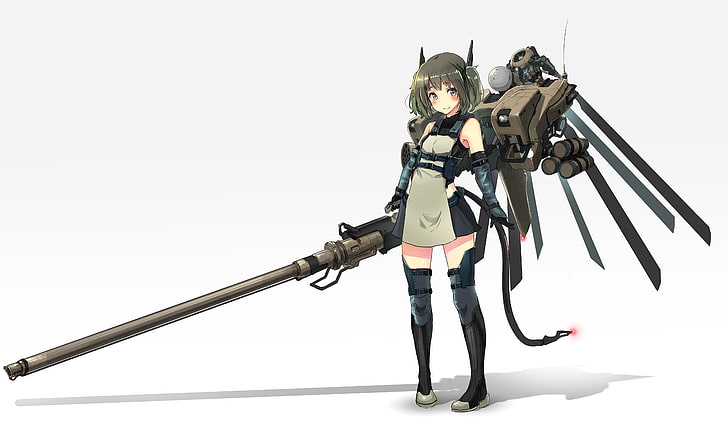anime girl, mecha, heavy weapons, guns, studio shot, white background, HD wallpaper