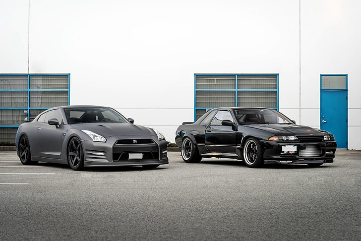 two black coupes, old, Nissan, gt-r, gtr, new, r32, r35, generation, HD wallpaper