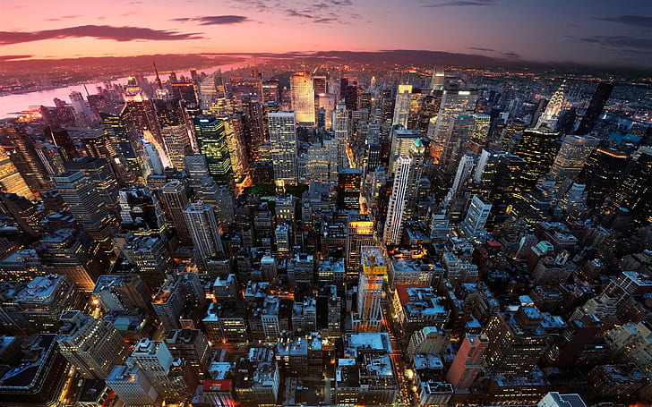 New York City, Manhattan, USA, night, sunset, skyscrapers, lights, HD wallpaper