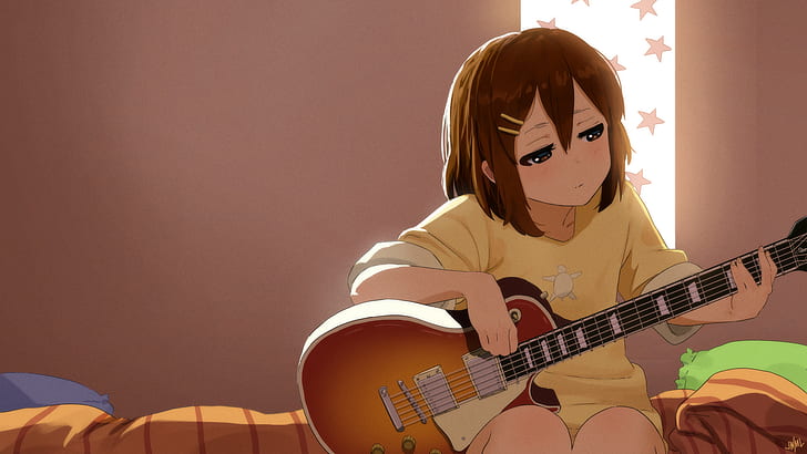 Hirasawa Yui, K-ON!, anime girls, brunette, T-shirt, guitar