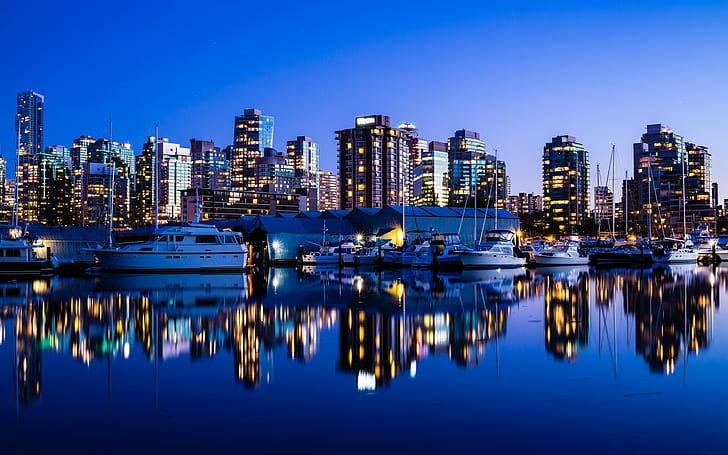 Vancouver, Canada, city night, lights, buildings, sea, yacht, reflection, HD wallpaper