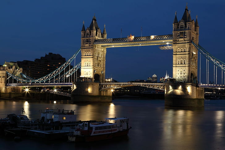 Tower Bridge, architecture, building, city, dark, dusk, England, HD wallpaper
