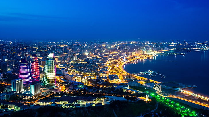 Cities, Baku, Azerbaijan, Flame Towers, Night, Panorama, HD wallpaper