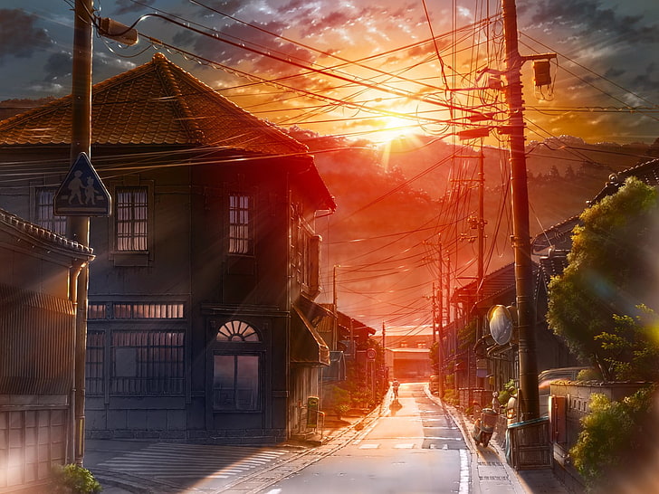 house cartoon HD wallpaper, anime, sunlight, urban, street, sky