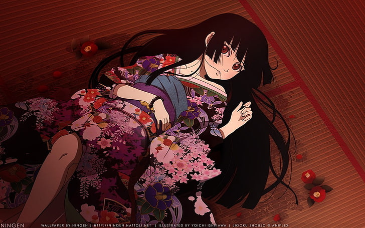 Enma Ai, anime girls, Jigoku Shoujo, kimono, flowers, long hair, HD wallpaper