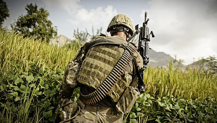 gunner, greens, ammunition belt, MK-48, Mark 48, soldier, 7.62×51mm NATO, HD wallpaper