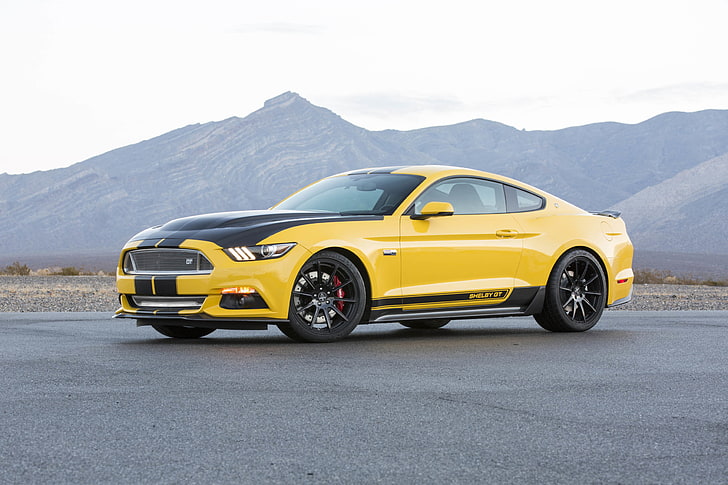 yellow and black Ford Mustang coupe, shelby, gt, 2015, car, land Vehicle