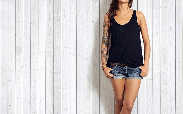 tattoo, jean shorts, one person, young adult, young women, casual clothing
