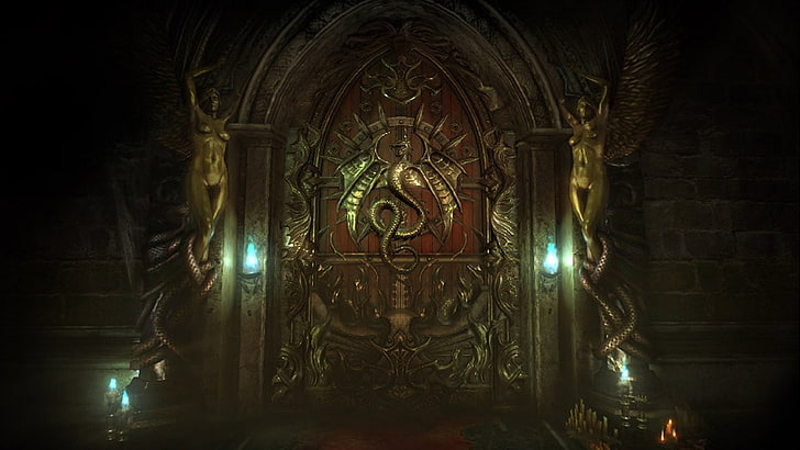 brown and brass-colored door, Castlevania, video games, blood