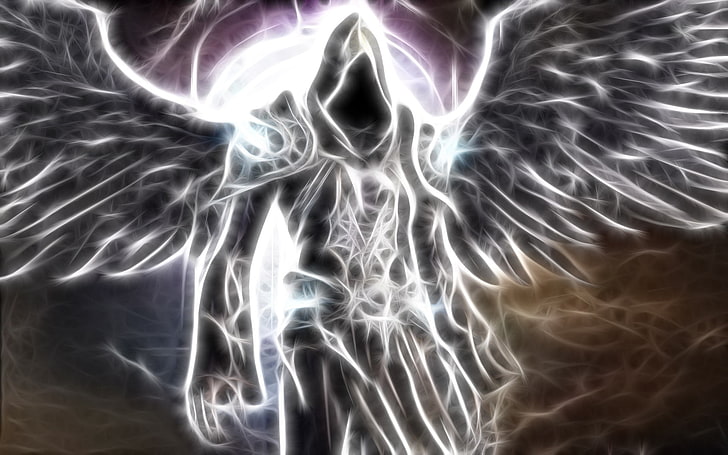 winged hooded figure surrounded by light painting, Fractalius