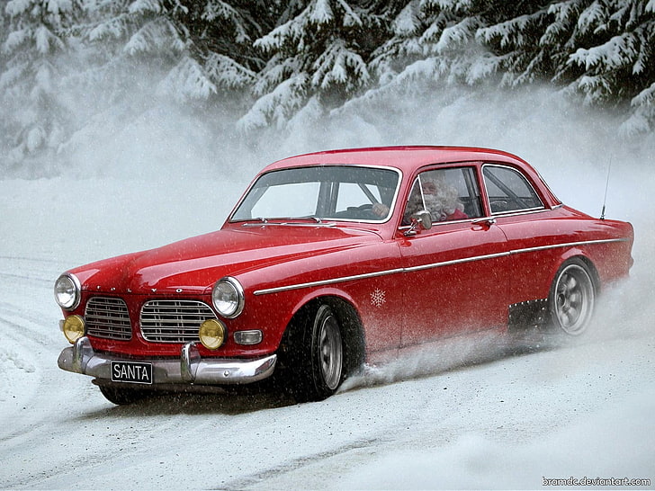 Hd Wallpaper Vintage Red Coupe Snow Santa Santa Claus Drift Car Volvo Wallpaper Flare