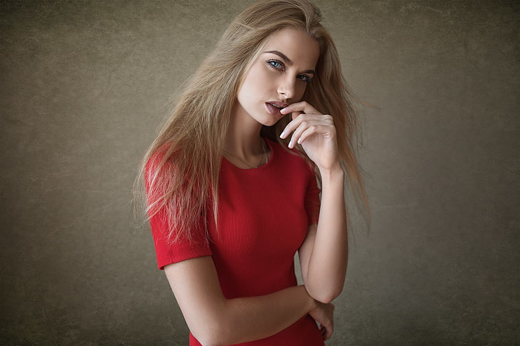 women, Dmitry Sn, blonde, simple background, blue eyes, finger on lips, HD wallpaper