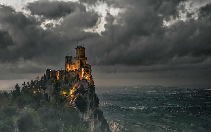 clouds, castle, San Marino, shrubs, mist, lights, valley, landscape, HD wallpaper
