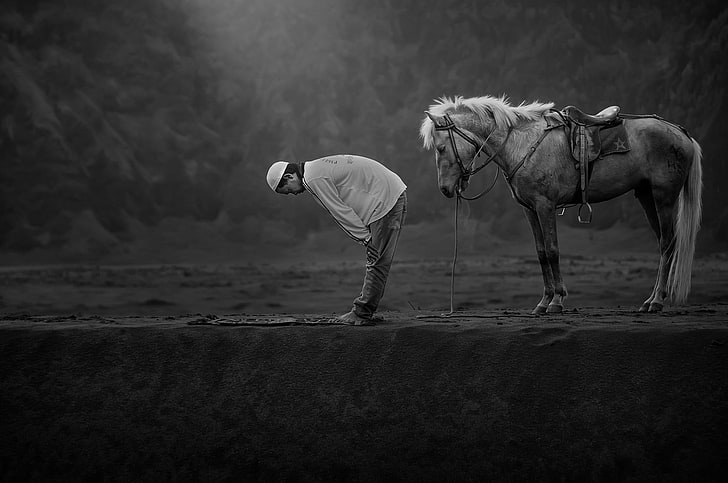 grayscale photo of man and horse, animals, men, praying, Islam