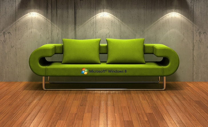 Windows 8   3D Couch, green sofa with two throw pillows, domestic room, HD wallpaper