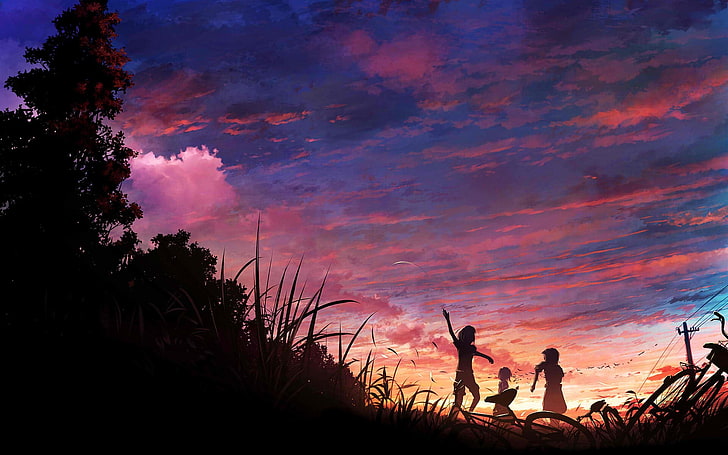 silhouette of three people near grass during sunset, sky, clouds, HD wallpaper