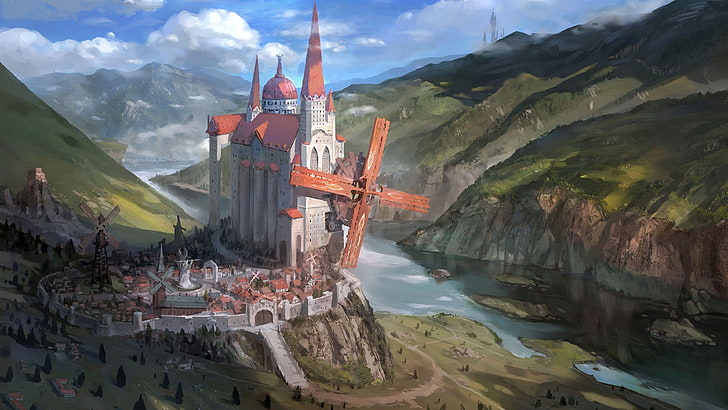 fantasy castle, art, dream, valley, tale, painting, water, mountain, HD wallpaper