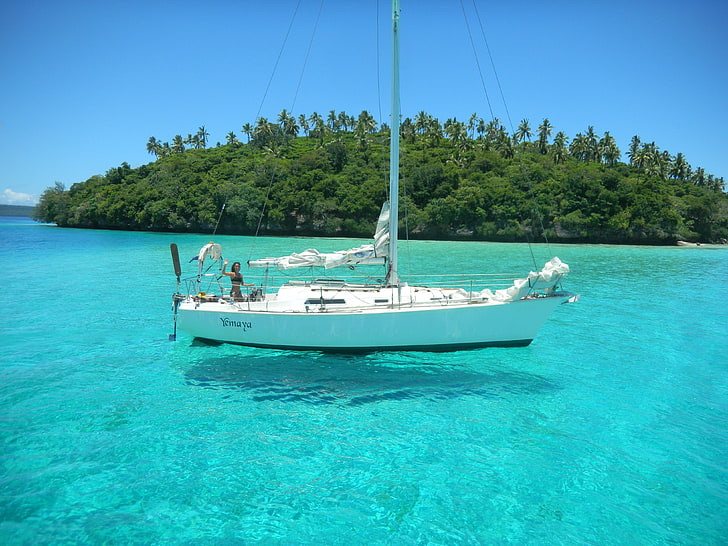 white boat, tropics, island, yacht, sea, vacations, summer, nautical Vessel, HD wallpaper