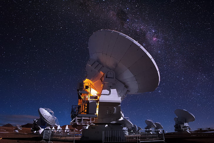 white satellite dish, space, universe, stars, astronomy, star - space