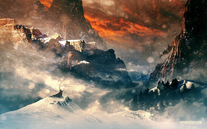 fantasy art, mountains, The Hobbit, snow, nature, landscape