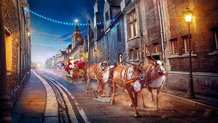 santa claus, sleigh, reindeer, street, street light, christmas, HD wallpaper