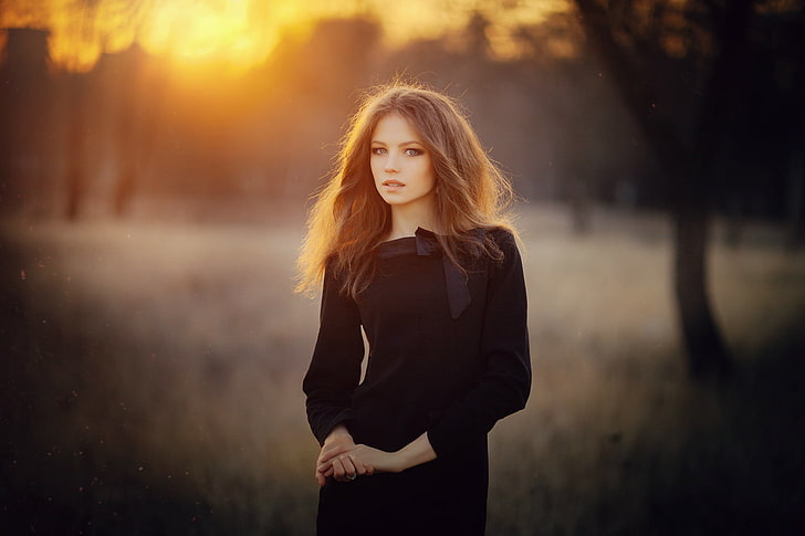 women's black long-sleeved dress, forest, grass, look, sunset