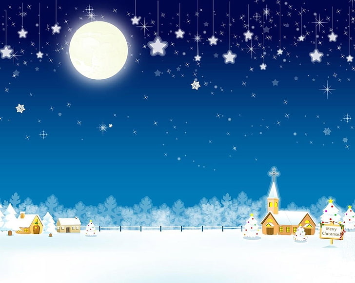 chapel under starry night vector, christmas, holiday, home, church, HD wallpaper