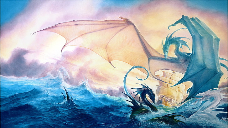 two black and blue dragon near ship painting, sea, waves, dragons