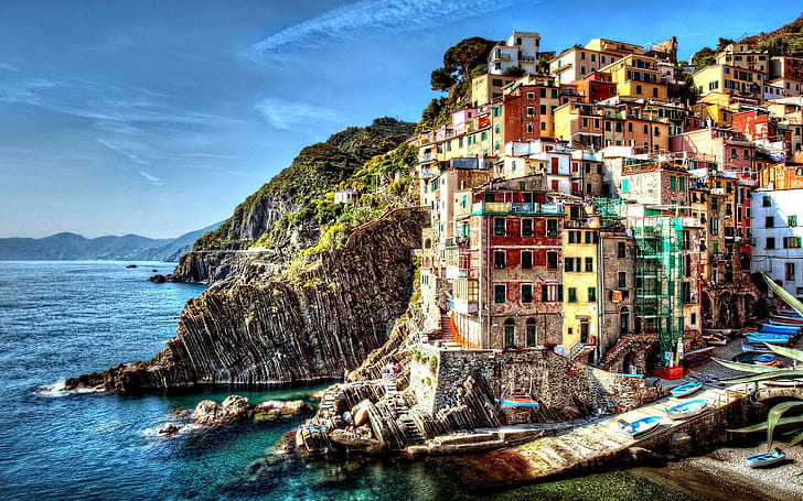 Cinque Terre, Italy, Sea, City, Dock, Boat, Building, Hill, Cityscape, Cliff