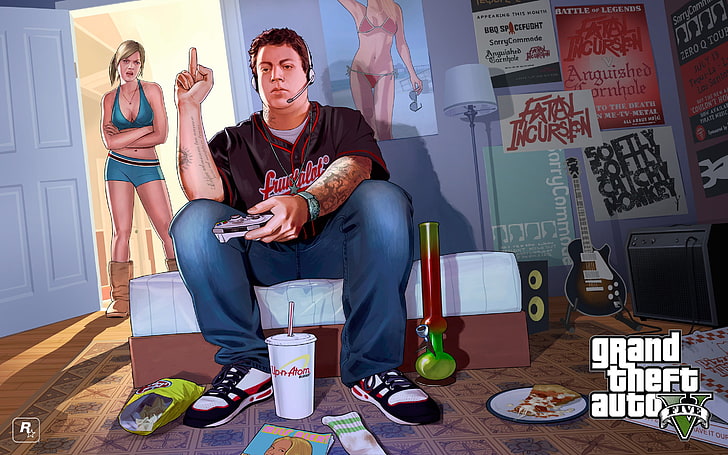 Grand Theft Auto V wallpaper, man showing middle finger GTA Five illustration