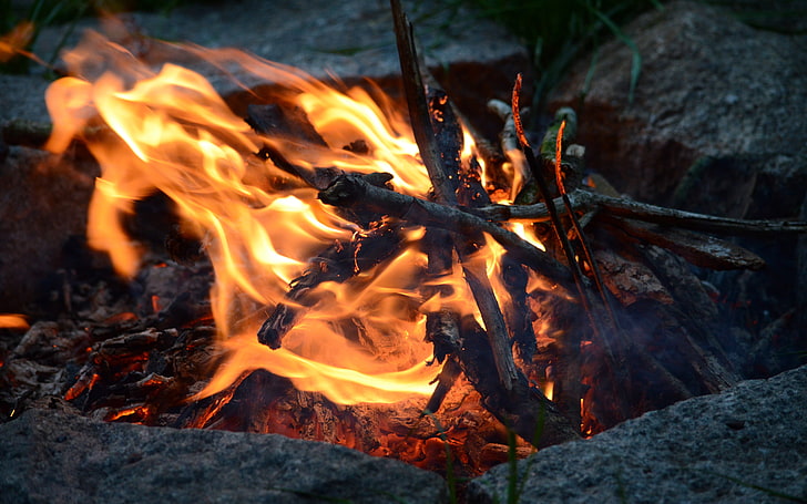 orange fire, camping, wood, nature, rock, burning, flame, fire - natural phenomenon, HD wallpaper
