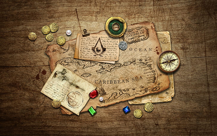 Assassin's Creed Black Flag Map Coins Compass HD, video games, HD wallpaper