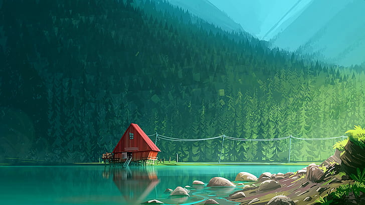 artwork, lake, house, rock, forest, reflection